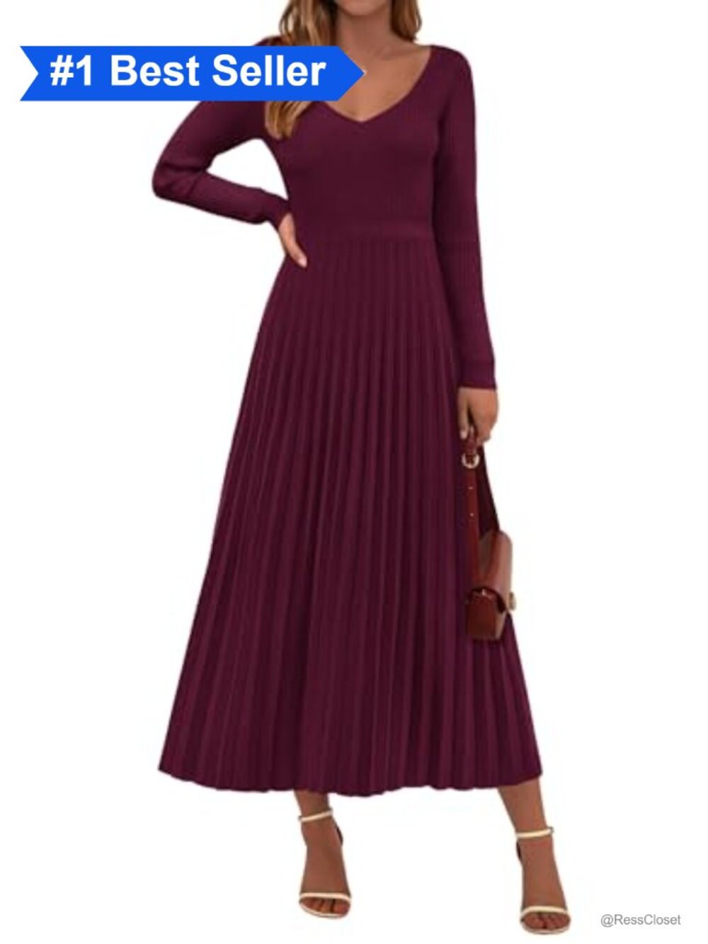 Ribbed Knit V-Neck Long Sleeve Maxi Sweater Dress Pleated Fit & Flare